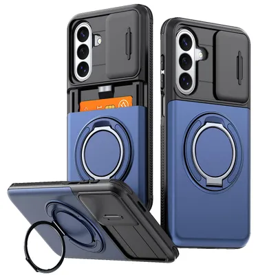 Produktbild von Handyhülle mit Kartenfach für Samsung Galaxy S24 FE, Schiebe Kameraschutz, Ringhalter Ständer, Stoßfeste Schutzhülle Blau