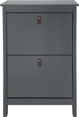 A dark gray shoe cabinet with two flip-down drawers, each with a brown leather pull.