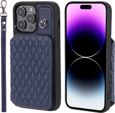 Produktbild von Für iPhone 13 Pro Grid Textur Card Bag Telefon Fall mit Lanyard (Blue)