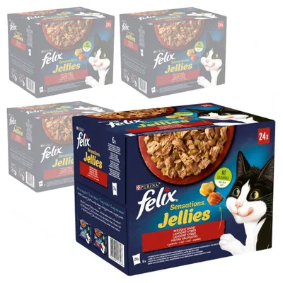 Produktbild von Felix Sensations Gelee-Katzenfutter, Landaromen in Gelee, 8,16 kg (96 x 85 g), Rind, Huhn, Ente, Lamm