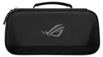 A black travel case with a grey ROG logo on the front.