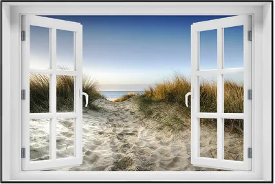 Produktbild von Wallario Wandbild mit Fenster-Illusion: Weg durch die Dünen zum Strand am Meer, Größe: 61 x 91,5 cm, Poster mit schwarzem Aluminiumrahmen