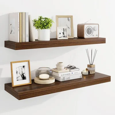 Image de Étagères murales flottantes, bois en noyer, 81,3 cm, lot de 2, avec supports invisibles, style rustique