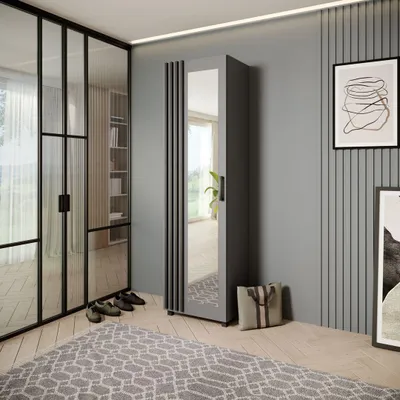 Produktbild von Garderobenschrank LIVIA – Flur-Hochschrank mit Spiegel und Lamellen in Schwarz, Graphit