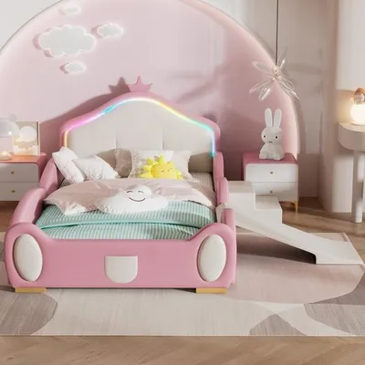 Produktbild von Odikalo Kinderbett Polsterbett Crownform LED Rutsche Treppe Kanten Holzplatte Rosa 90x200