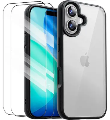 Image de Coque + 2 Verres Trempés pour iPhone 17, Protection Anti-Rayures Silicone Noir + Dos Rigide Transparent