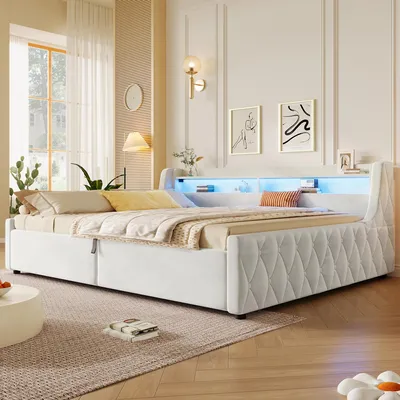 Immagine prodotto di Letto imbottito 140x200 cm con contenitore idraulico, illuminazione LED e testiera imbottita, letto matrimoniale in velluto, beige