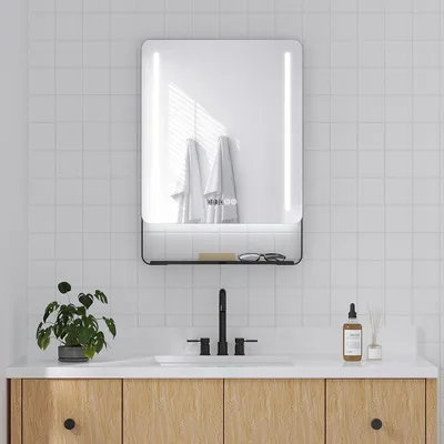 Produktbild von Badspiegel mit Beleuchtung beschlagfrei 50x70 cm, Wandspiegel mit Uhr und Ablage Badezimmerspiegel LED 3 Lichtfarben dimmbar Touch-Schalter