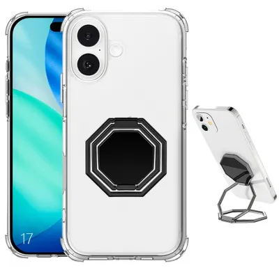 Image de Coque pour iPhone 17, Antichoc Transparent avec Support Octogonal Noir Réglable