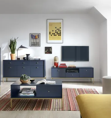 Produktbild von Wohnzimmer-set MONO 4 TV-Schränke MRTV154 +Kommode + MKSZ154 + Couchtisch + Schminktisch Dunkelblau mit Goldene Rahmen
