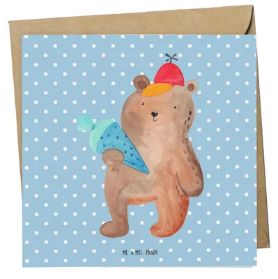Produktbild von Mr. & Mrs. Panda Glückwunschkarte Bär Schultüte - Blau Pastell - Geschenk, Erster Schultag, Einschulung, Grußkarte, doppelkarte, Schulbeginn, faltkarte, anlasskarte