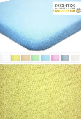 A close-up of a light blue fitted sheet with a row of color swatches below it, and a sample of a yellow fabric swatch at the bottom.