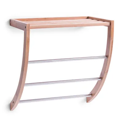 A wooden and metal towel rack mounted on a white wall.