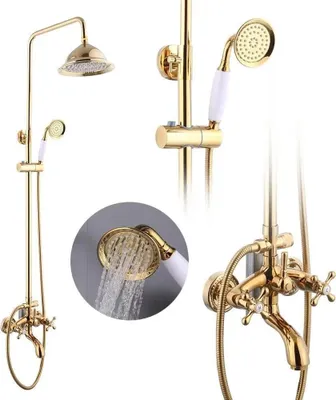 Produktbild von Duschsystem Komplett-Set, Regendusche & Handbrause, Armatur, 1,5 m Schlauch, Gold – Messing, Keramikventil