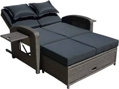 A multi-functional outdoor sofa with cushions and a pull-out table.