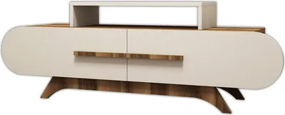 A modern TV stand with a sleek design, featuring cream-colored doors and a walnut wood base and accents. A small white shelf is mounted on top.