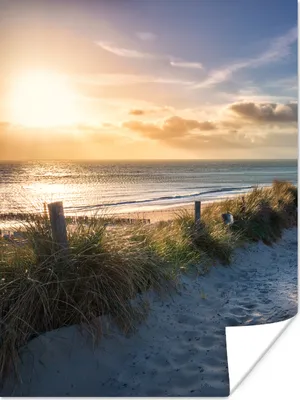 Produktbild von MuchoWow® Poster Sonnenuntergang - Strand - Düne - Gras - Bank 120x160 cm - Wandbilder