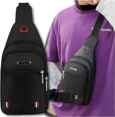 A collage showing a black sling bag, with one image of the bag itself and another of a person wearing it.