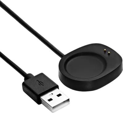 A black USB charging cable with a round charging puck for a smartwatch.