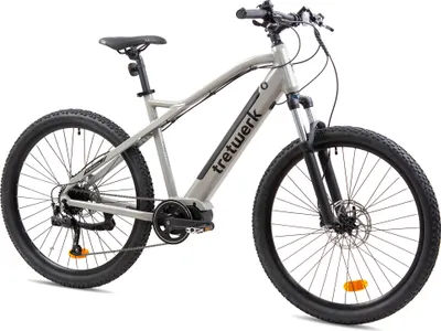 A studio shot of a gray electric mountain bike against a white background.