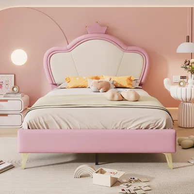 Image de Lit rembourré 90x200cm, lit d'enfant, avec bords de protection souples, tête de lit avec couronne, pieds de lit en métal,lit simple, PU, rose+blanc