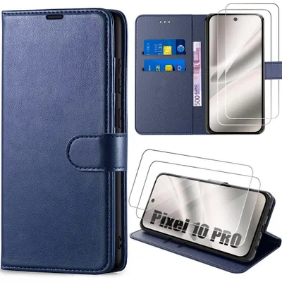 Image de Coque + 2 Verres Trempés pour Google Pixel 10 Pro, Protection Antichoc Anti-Rayures Cuir Synthétique Bleu Marine