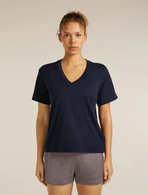 Image de T-shirt manches courtes Icebreaker pour femmes, modèle Merino 150 Tech Lite, coupe décontractée, encolure en V, couleur bleu marine (MIDNIGHT NAVY), taille L
