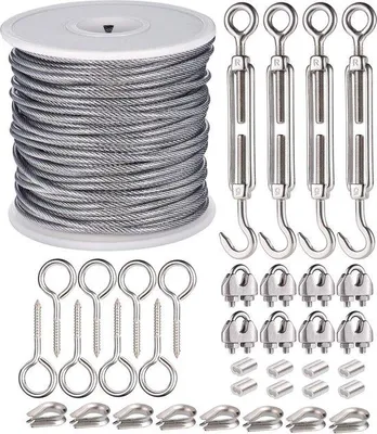 Produktbild von 37 Stück Stahlseil 2 mm rohes Stahlseil Spindel, 30 m Stahlseil mit Augen, Garnspule, für Lichterkettenhängen, Wäscheschlaufen, Gardinenleinen, Pflanzgurten