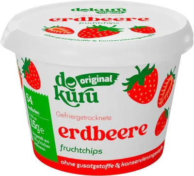 Produktbild von Gefriergetrocknete Erdbeeren aus 100 % Frucht. Ohne Zuckerzusatz, vegan, glutenfrei und besonders knusprig.