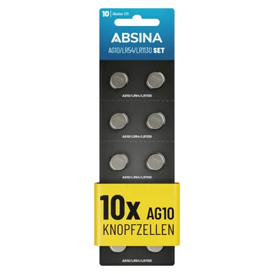 Produktbild von ABSINA 10x AG10 LR1130 Knopfzelle - 1,5V Alkaline Knopfzellen LR54 / V10GA / RW49 / G10A / 189 / GP189 / L1130 / 89A