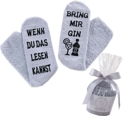 Produktbild von Lucadeau Geschenke für Frauen - WENN DU DAS LESEN KANNST, BRING MIR GIN Socken, Geburtstagsgeschenke für Frauen, Kuschelsocken, Grau Socken