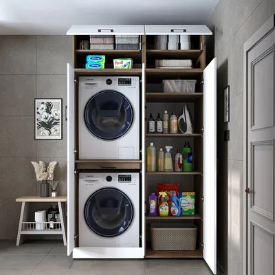 Immagine prodotto di Mobile lavatrice Roomart "DORA SET" per asciugatrice e lavatrice, larghezza 130 cm, in 4 colori, con ante e ripiano estraibile - Bianco - Rovere bianco - Rovere antracite - Rovere