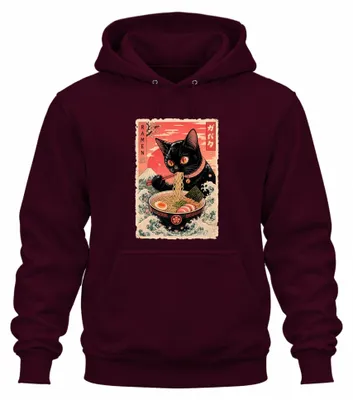 Imagen del producto de Ramen Schwarze Katze: Fideos japoneses, estilo japonés, diseño Y2K, sudadera con capucha "Neko" (gato), color burdeos, talla 3XL