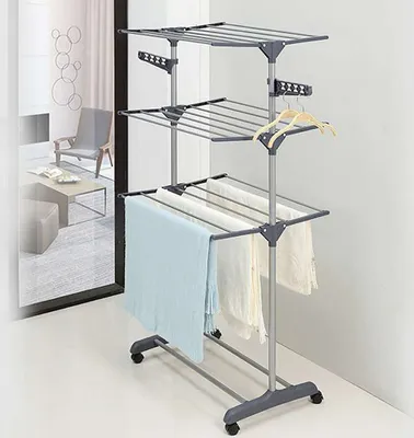 Produktbild von Wäscheständer Kleiderstange Wäscheturm Wäschetrockner mit Flügel klappbar Mobil 3 Ebenen Graues Grau 72x56x152cm