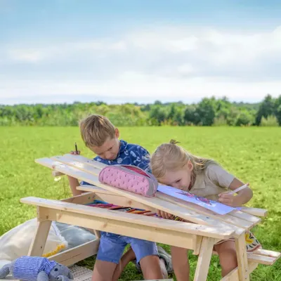 Obrázok produktu pre TIMBELA M010-1 Detská súprava stoličiek z prírodného dreva s úložným priestorom - V50 x 90 x 90 cm Stabilná detská lavica na piknik s úložným priestorom