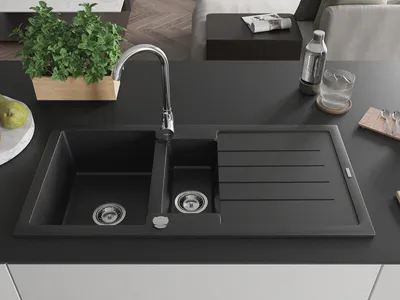 Produktbild von Mexen Andres 1,5-Becken-Granitspüle mit Abtropffläche 1000 x 500 mm, Schwarz - 6515101510-77