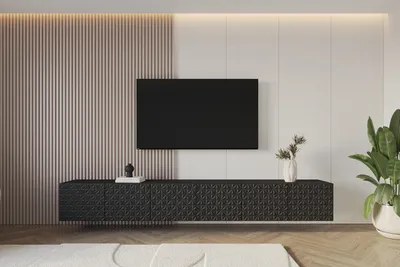 Produktbild von ALTDECOR TV-Schrank VIRA-W mit Gefrästen Fronten 3x100x40x40 Lowboard hängend, TV Möbel, TV Cabinet, Fernsehtisch, Fernsehschrank, TV Kommode, TV Tisch, TV Sideboard, TV Board - Schwarz