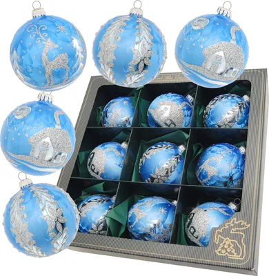 Produktbild von Krebs Glas Lauscha 9er Set Weihnachtskugeln - Glaskugelsortiment in Eislack Blau - Größe: 8cm - mundgeblasen & handdekoriert