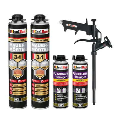Produktbild von Isolbau Mauermörtel Pistolenschaum SET - Teflon Schaumpistole, 2 x PolyurethanReiniger Montageschaum Klebeschaum PolyurethanMörtel 2 x 750ml