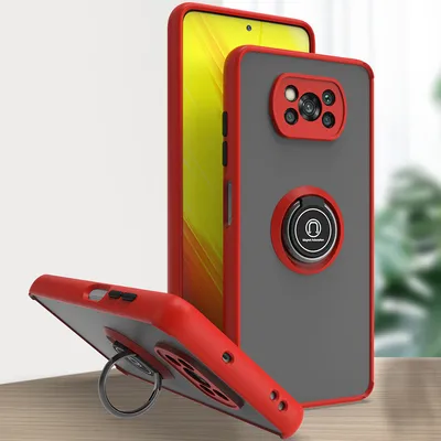 Produktbild von Xiaomi Poco X3 Hülle, Ring Halter Ständer Matte Transluzent TPU Rahmen Stoßfest Schutzhülle für Xiaomi Poco X3 Rot