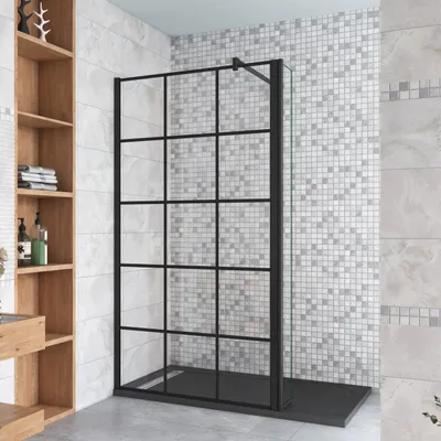 Produktbild von Schwarz Walkin Duschkabine 100x200cm Gittermuster Duschwand mit 30x200cm Flipper Panel +90cm Stabilisator 8mm Nano-ESG Duschtrennwand