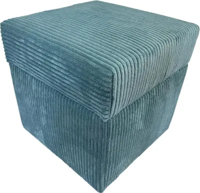 A close-up studio shot of a teal corduroy ottoman.