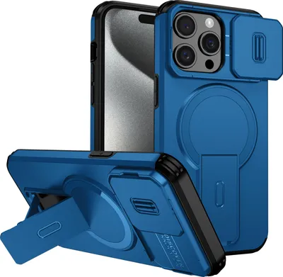 Immagine prodotto di Custodia magnetica per iPhone 15 Pro Max, custodia resistente a doppio strato con protezione scorrevole della fotocamera e supporto regolabile Blu
