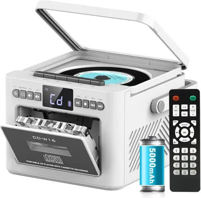 Produktbild von CD Player, Bluetooth Lautsprecher, Kassettenspieler mit UKW Radio, 5000mAh wiederaufladbare Akku, mit Fernbedienung, AUX/USB/SD Karte-In