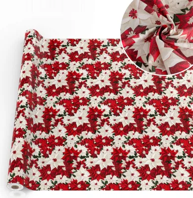 Produktbild von Tischdecke Weihnachtsstern Poinsettia mit feierlichem Motiv Tischwäsche schmutzabweisend Tischtuch aus Stoff Naturel Rot Breite 140cm Länge 2000cm mit Schnittkante