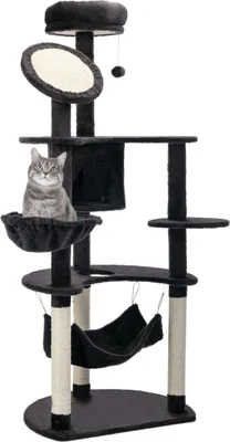 Produktbild von PawHut Großer Katzenkratzbaum 65 x 50 x 153 cm, Katzenturm, Aktivitätscenter mit mehreren Plattformpfosten, Hängematte, Spielzeugbällen und Höhle, Dunkelgrau