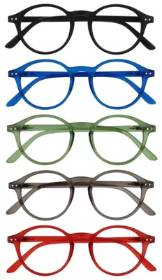 Produktbild von OPULIZE REY Lesebrille - 5er-Pack - Runder Retro-Rahmen - Mattschwarz, Blau, Grün, Grau, Rot - Herren Damen - Federscharniere - RRRRR56-1367Z - +3.00