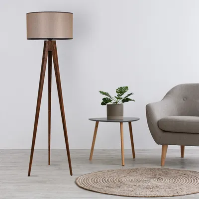 Produktbild von Opviq, Tripod Ceviz Lambader Silindir Koyu Hasır Abajurlu, Stehlampen, Nussbaum, Holz, 45 x 45 x 153 cm