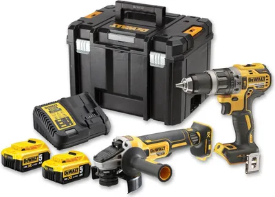 Produktbild von DeWALT Akku-Kombopack DCK2080P2T-QW 18V 5Ah - DCD796 Akku-Schlagbohrschrauber, DCG405 Winkelschleifer, Schnellladegerät, 2x5Ah Akku