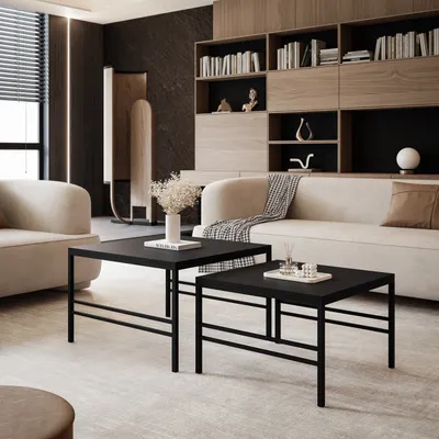 Produktbild von Idohome - Moderner Couchtisch FORMA 2in1 70/60 cm für das Wohnzimmer mit Metalgestell Kaffeetisch Wohnzimmertisch Sofatisch Schwarz / Schwarz Matt